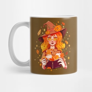 Fall Autumn Magic Witch with Fox and Falling Leaves Mug